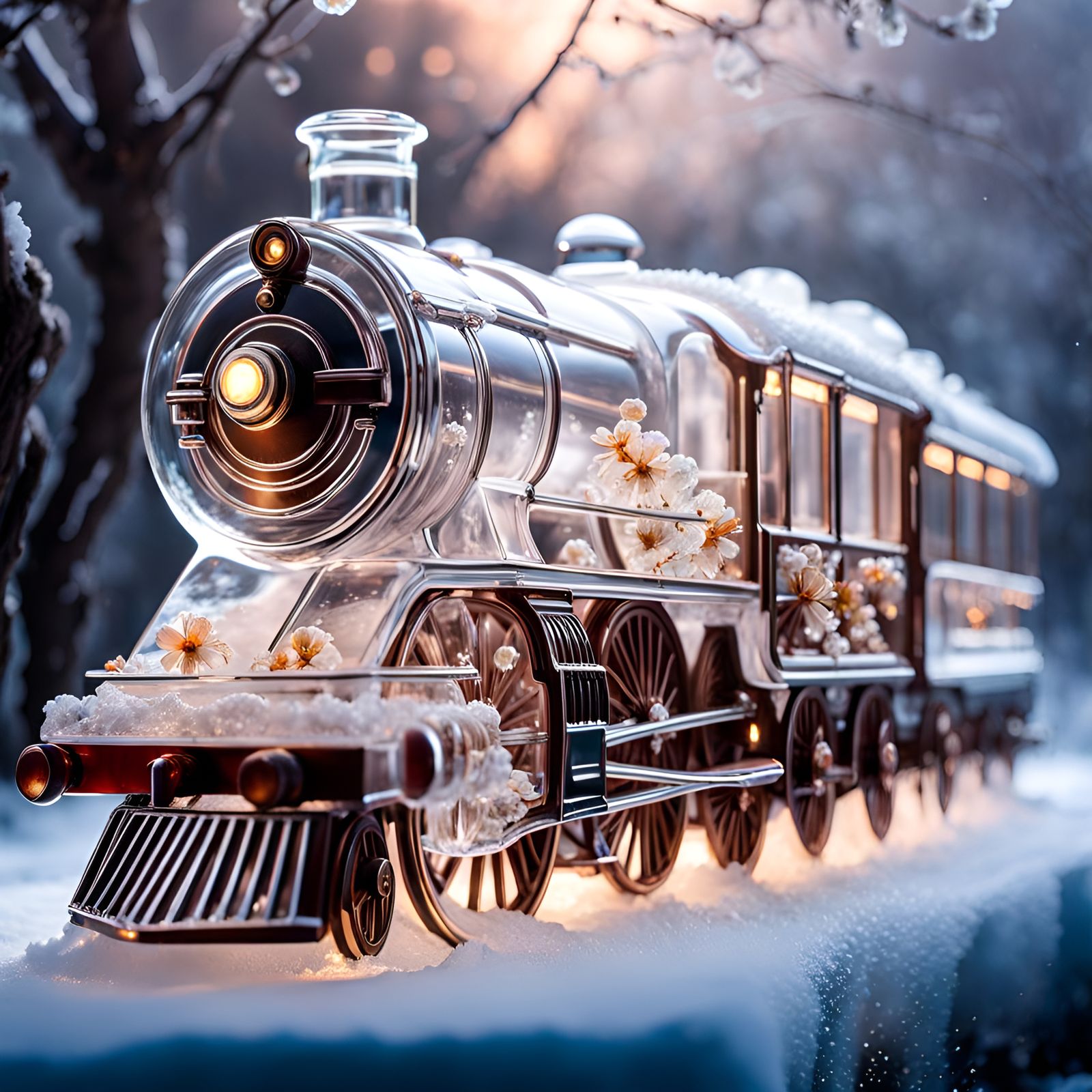 Glassy Ice Sculpture of Steam Train with Flowers