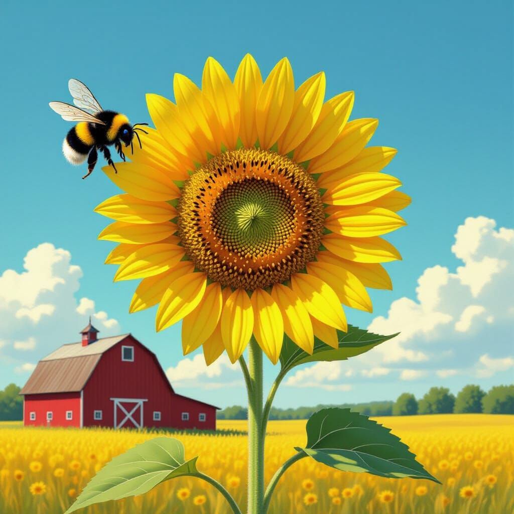 Bumblebee and Sunflower in Vivid Rural Landscape