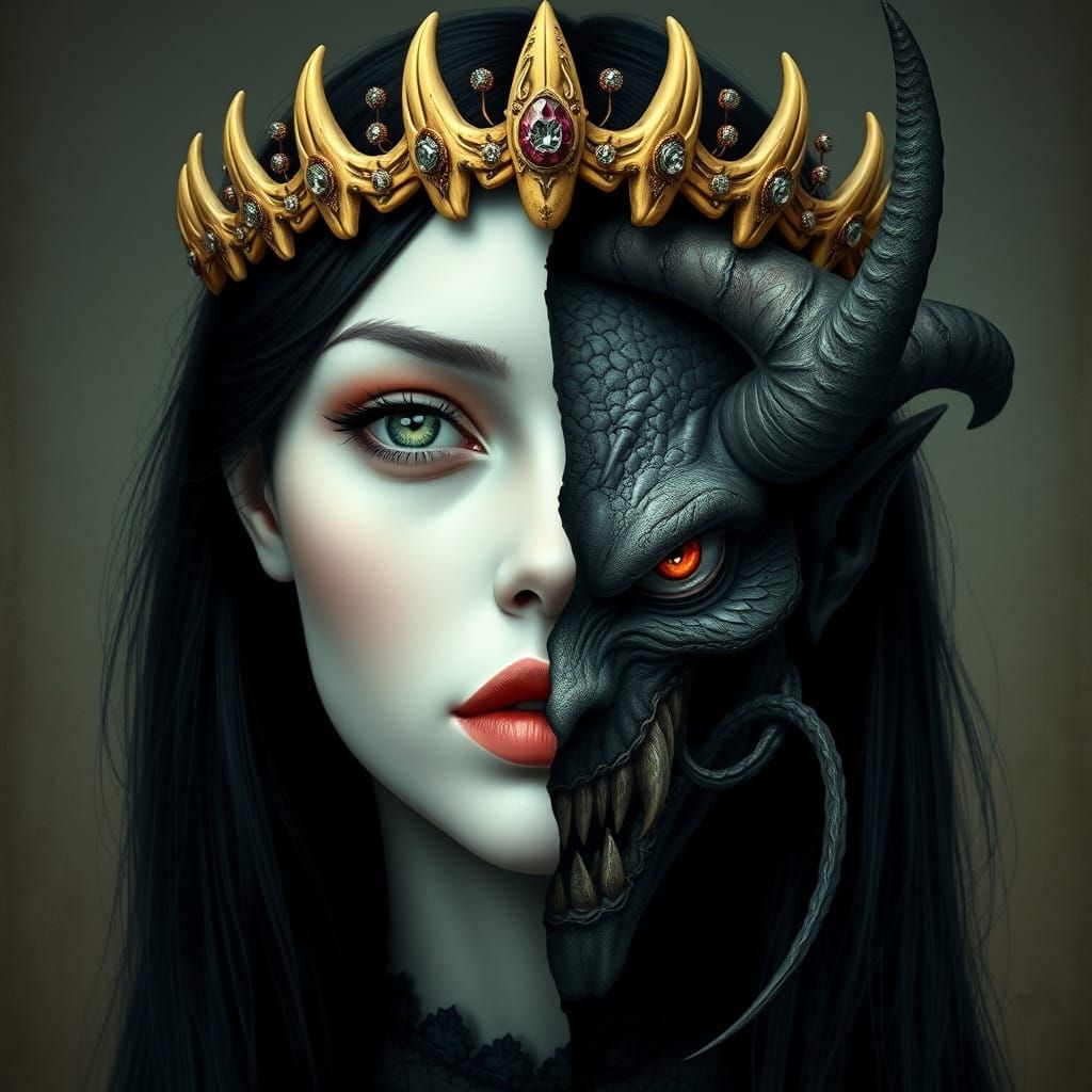 Ethereal Gothic Goddess with Dark, Twisted Dual Nature