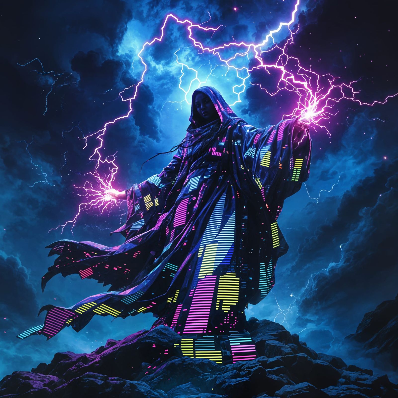 Goddess Commands Electric Storm in Cyberpunk Style