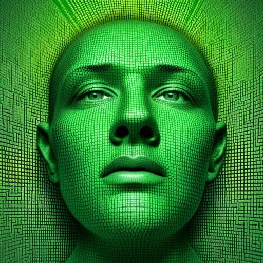 Surreal Portrait of Floating Green Binary Digits