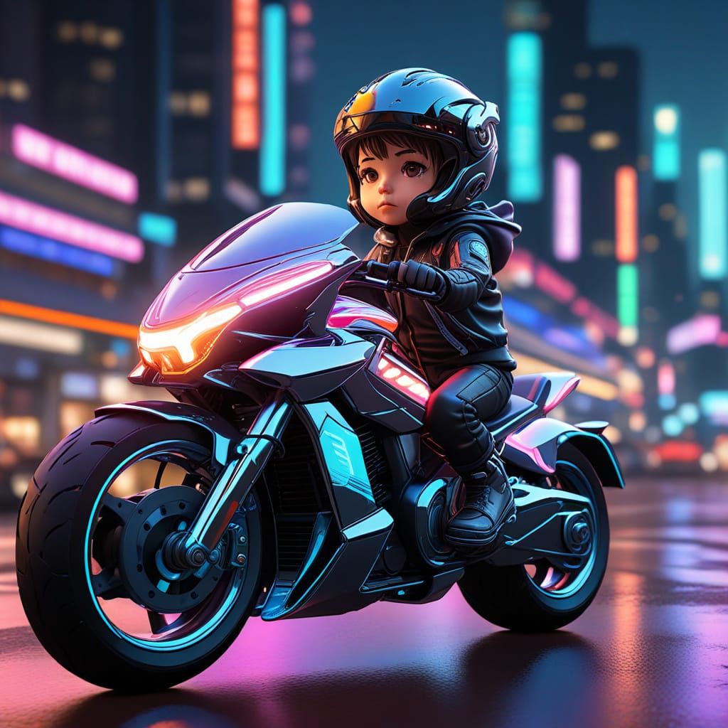 Cute Baby on Futuristic Motorcycle in 3D Anime Style