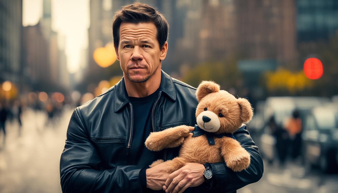 Man Holding Teddy Bear Photograph in City Street