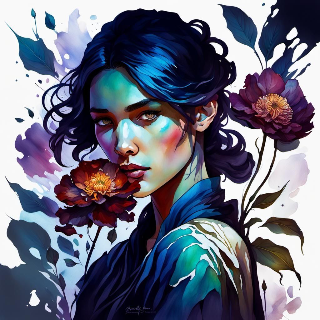 Moody Teenager and Flower in Watercolor Art