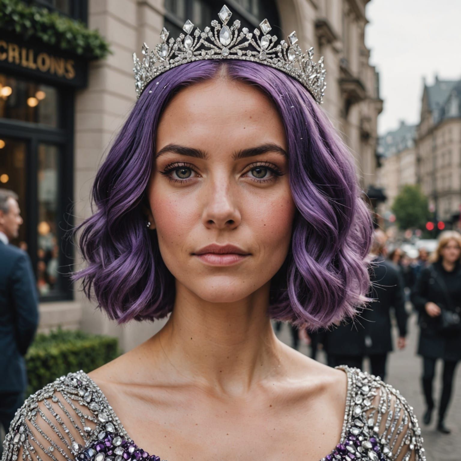 Woman With Crystal Tiara and Purple Bob Hair