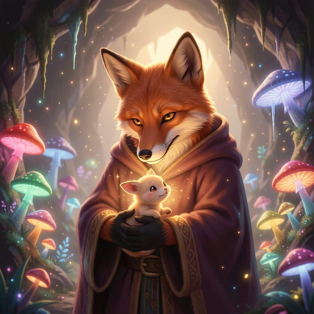 Fox Mage Cradles Glowing Creature in Mystical Cave