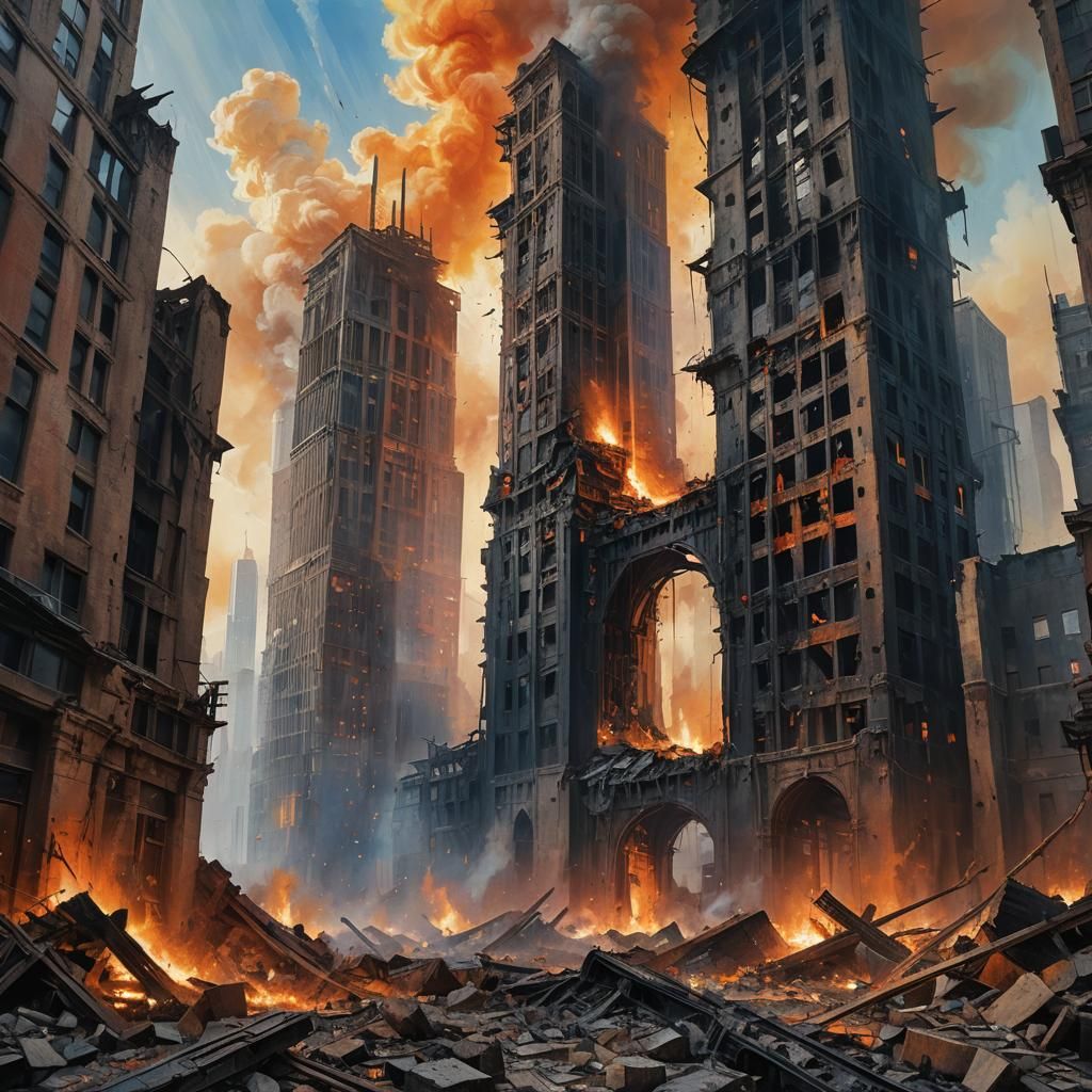 Smoldering Twin Towers Ruins: Cinematic Oil Painting