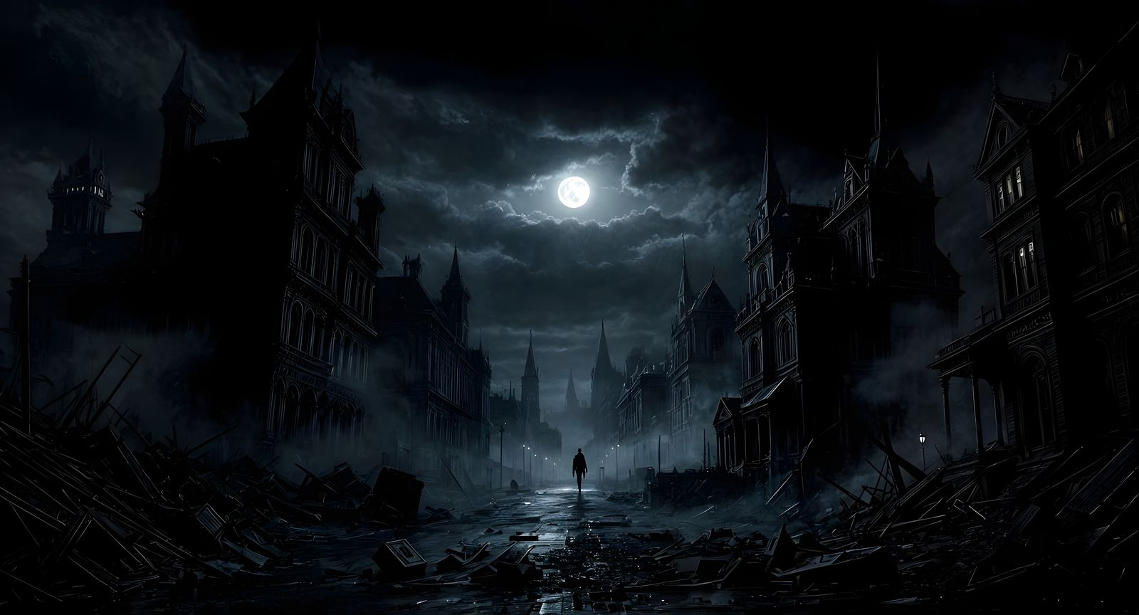 Gothic Steampunk Cityscape in Thick Fog