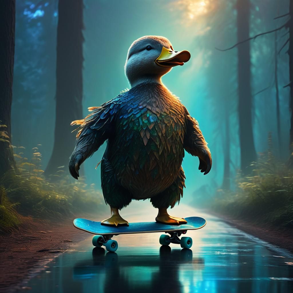 Duck Bear Rides Skateboard in Glowing Forest