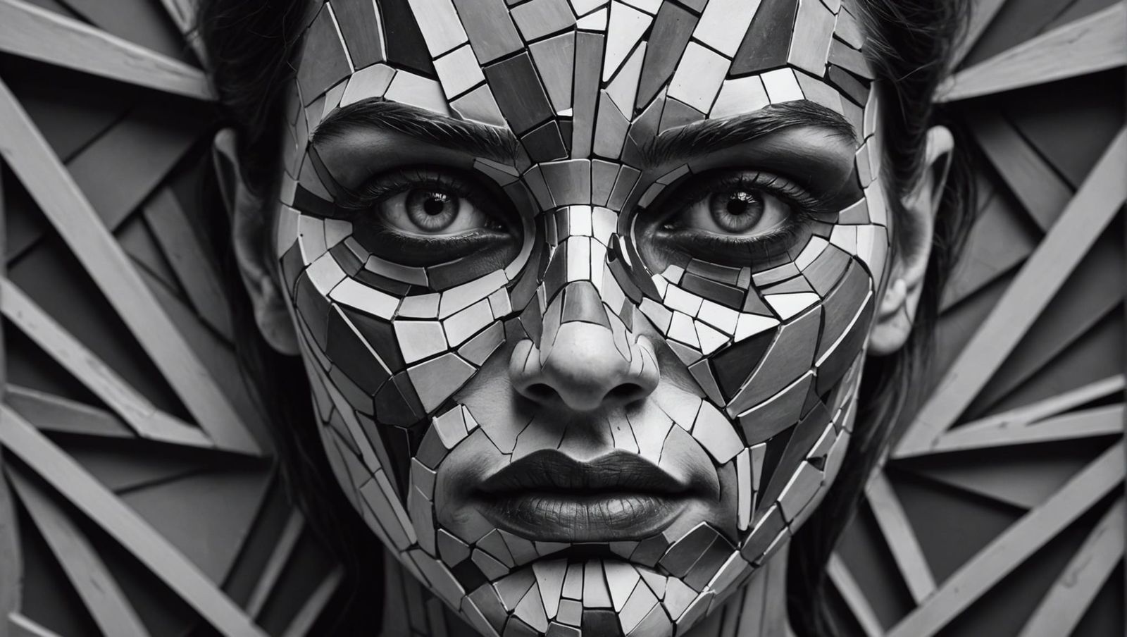 Surreal Fragmented Face Portrait with Colored Eyes