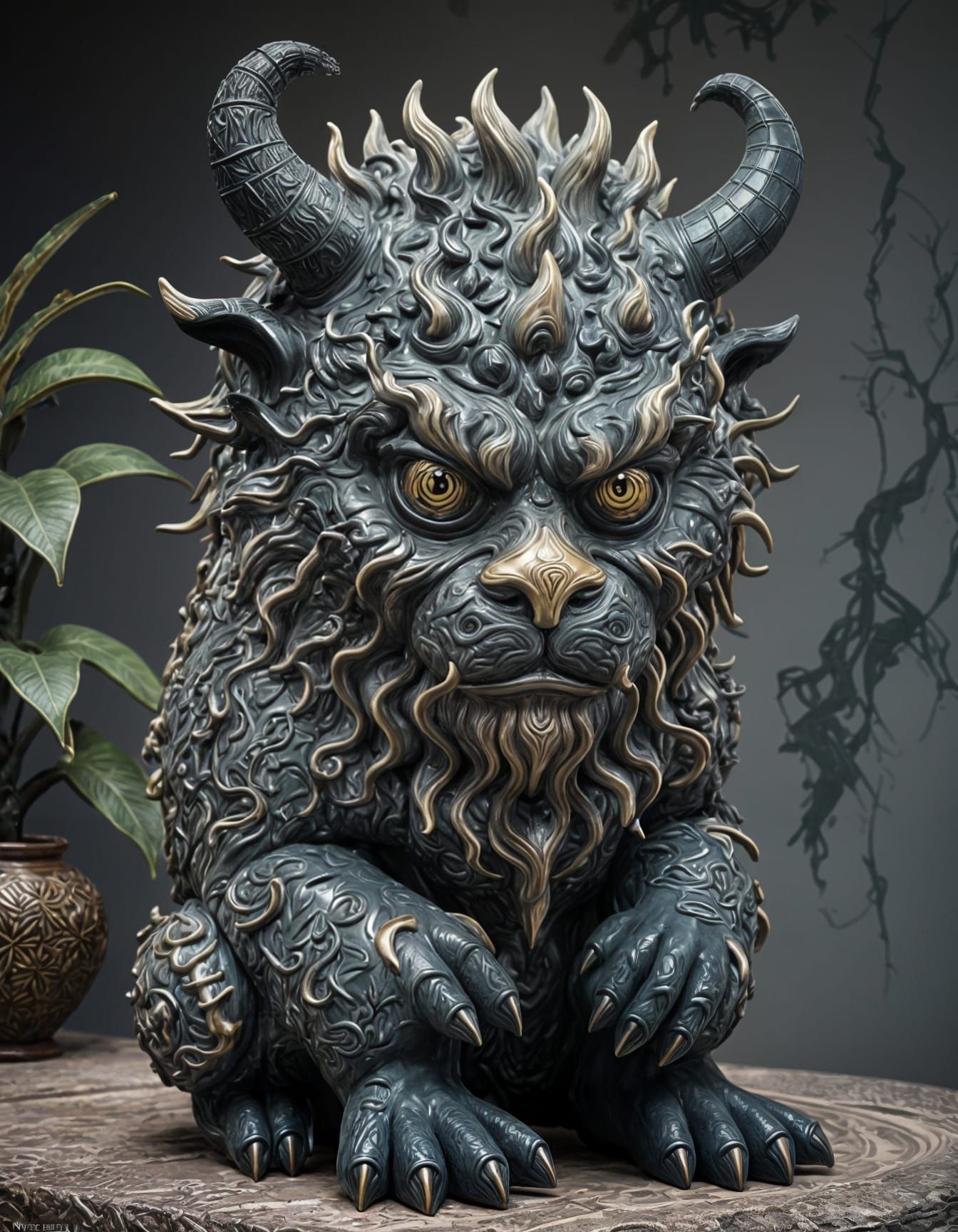 Surreal Noir Stoneware Sculpture with Detailed Underglaze