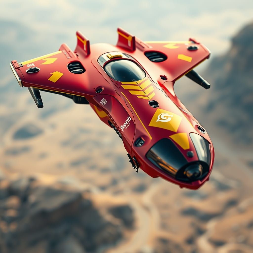 Futuristic Red Cyber-Speeder Hovering Over Ground