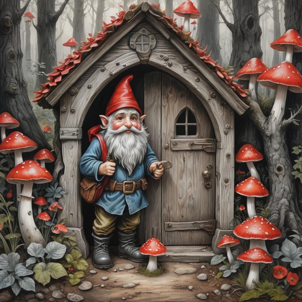 Hyperdetailed Charcoal Drawing of Gnome Home With Toadstools