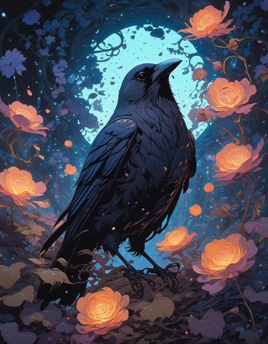 Glowing Raven Casting Magic in Anime Style