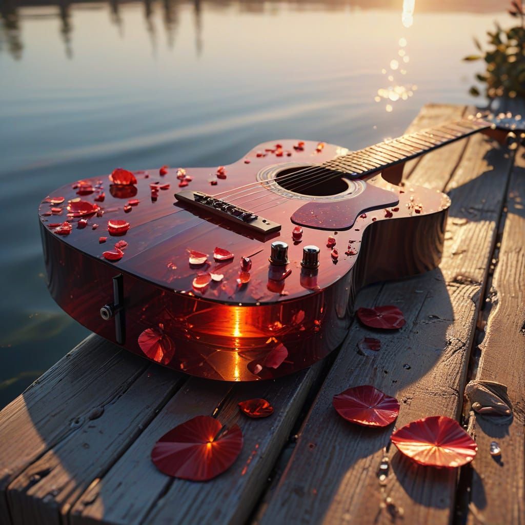 Crystalline Guitar on a Dock at Sunset