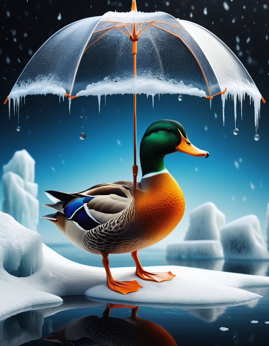 Surreal Duck in Hyperrealistic Winter Scene