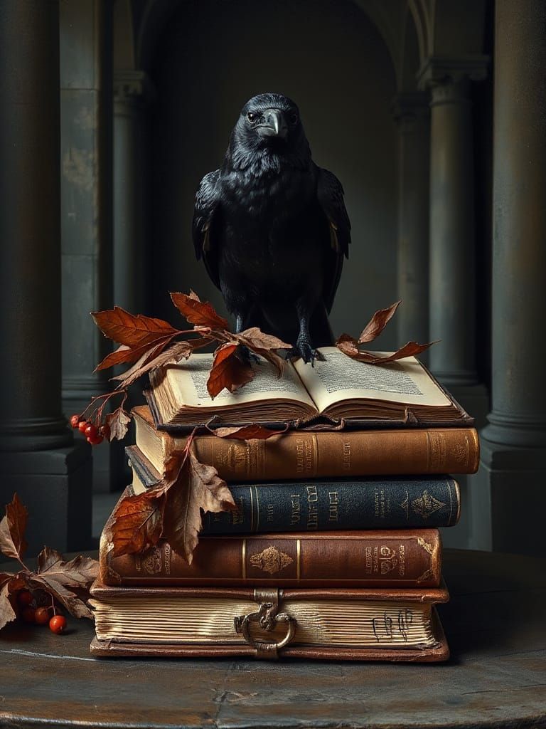 Raven on Antique Books in Classic Still Life Style