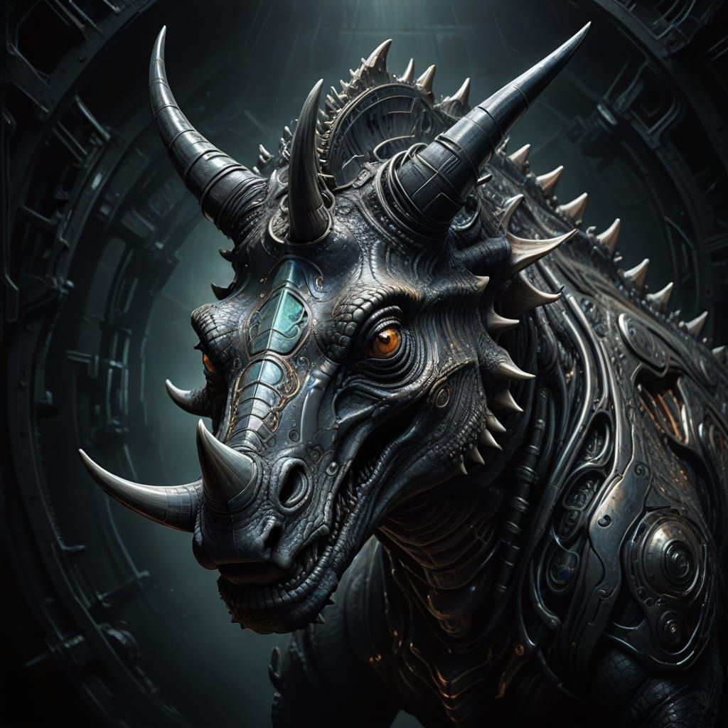 Biomechanical Triceratops in Dark Futuristic Style