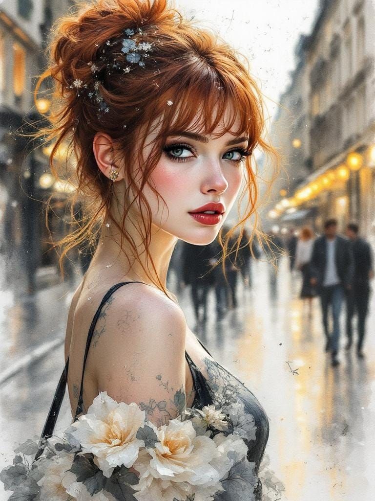 Ethereal Redhead Portrait in Paris, Watercolor and Ink