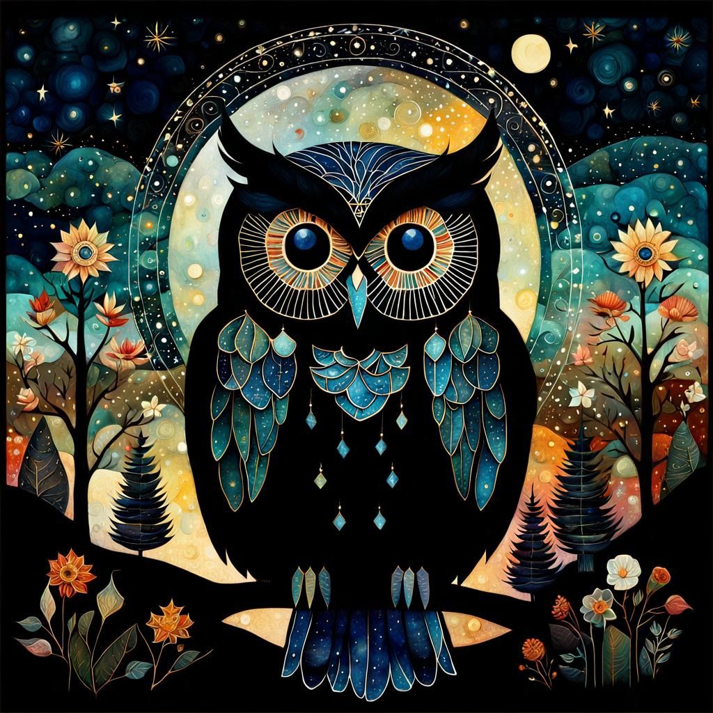 Whimsical Owl in Night Sky, Watercolor Collage