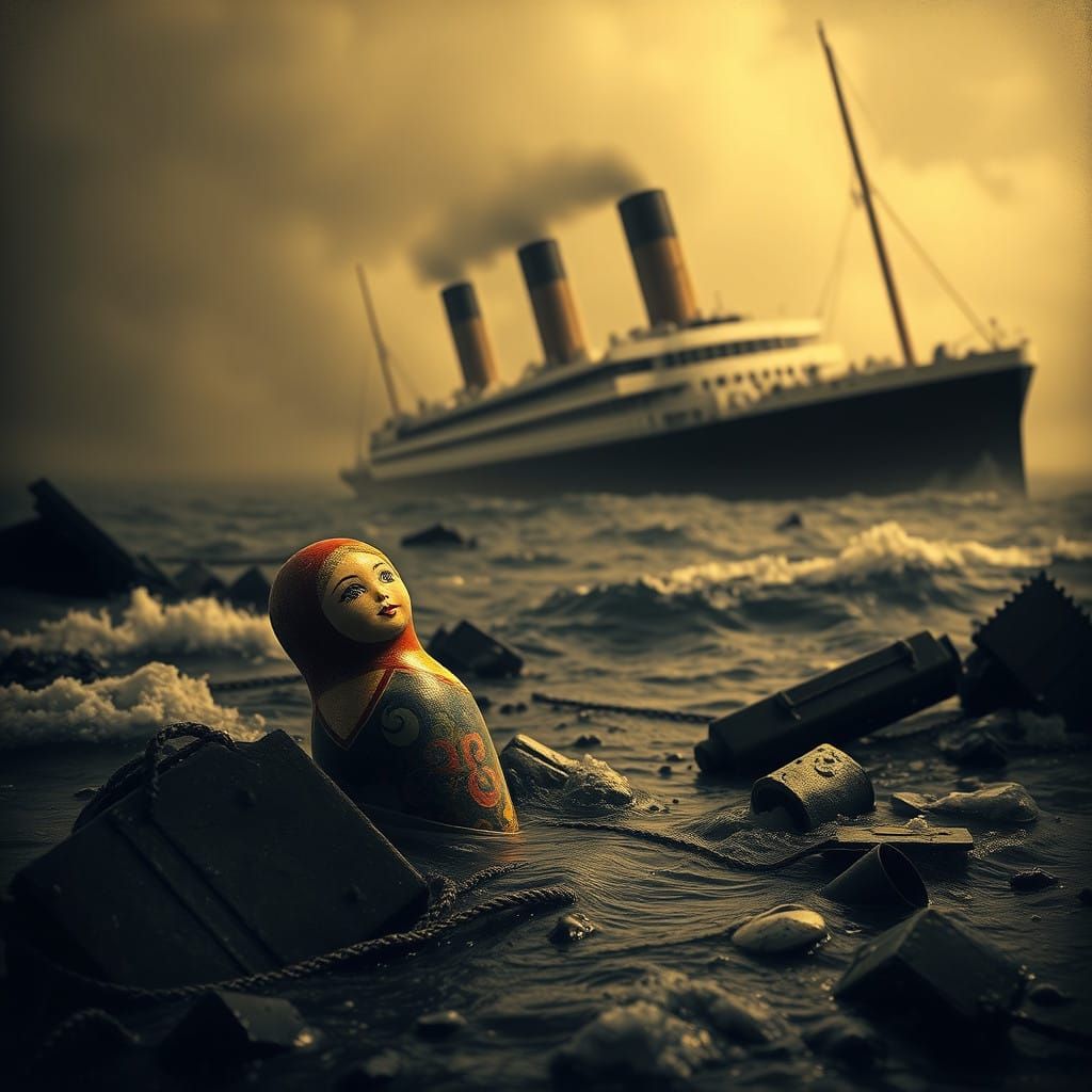 Surreal Ocean Scene with Matrioska Dolls and Sinking Titanic