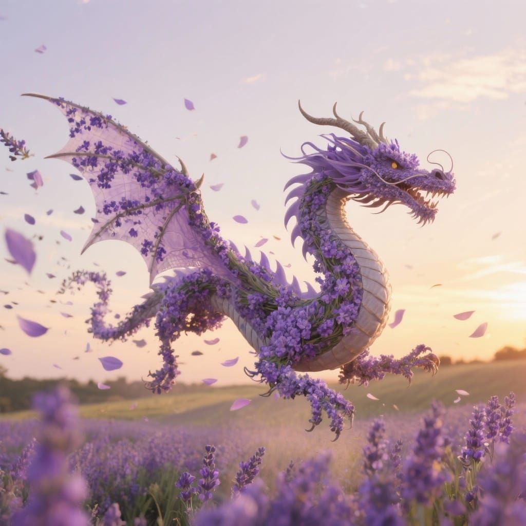 Lavender Dragon Soars Through Violet Fields at Sunset