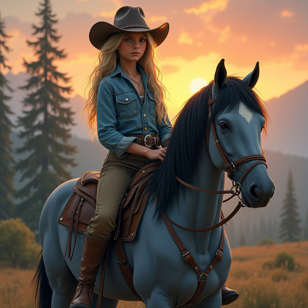 Teenage Girl on Horse in Fantastical Landscape
