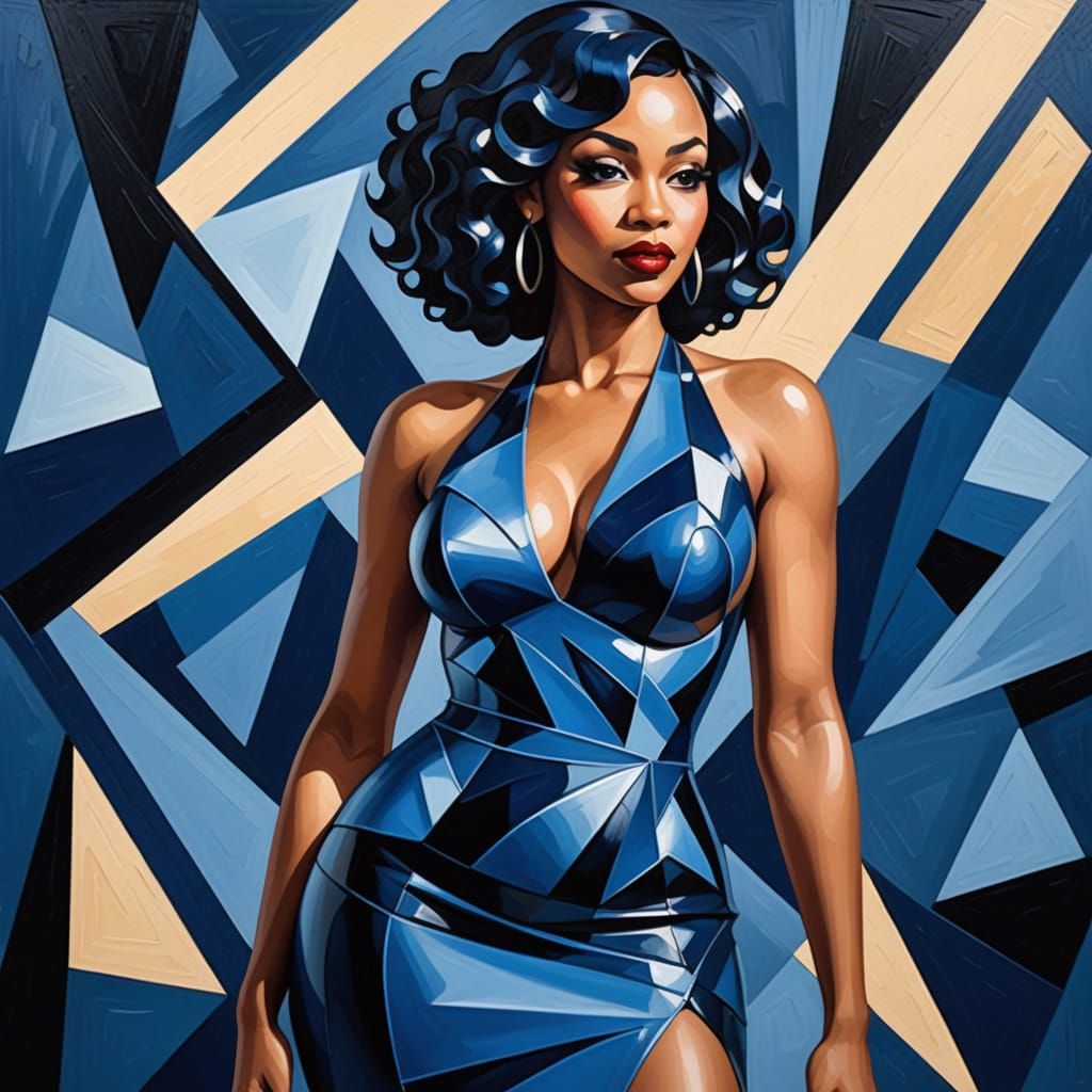 Sultry Cubist Beauty in Midnight Blue Latex
