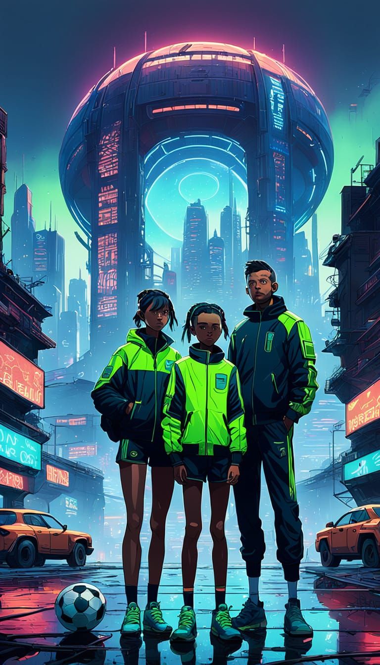 Cyberpunk Family Embracing Futuristic Football Culture