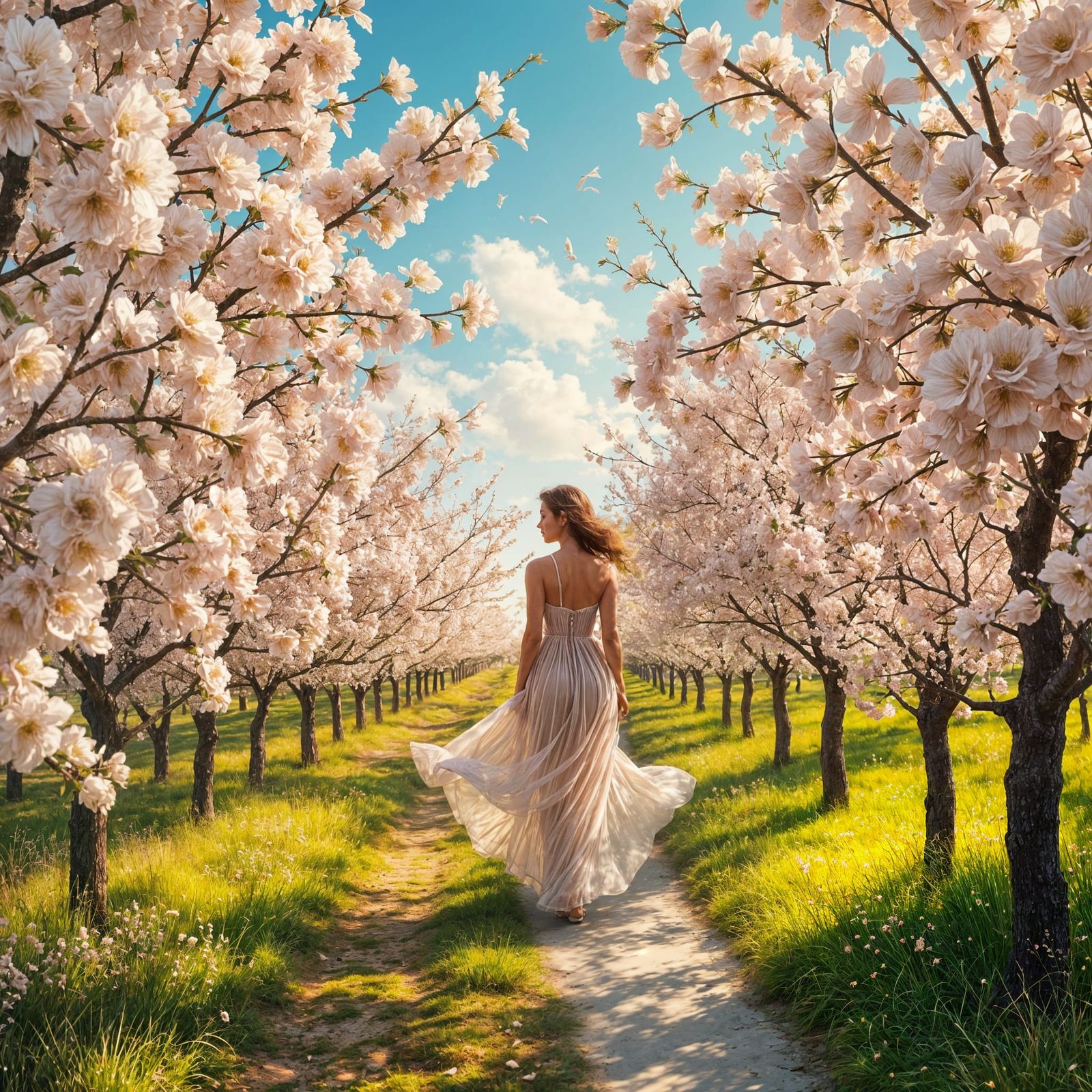 Woman in Pastel Orchard: Dreamlike Realism