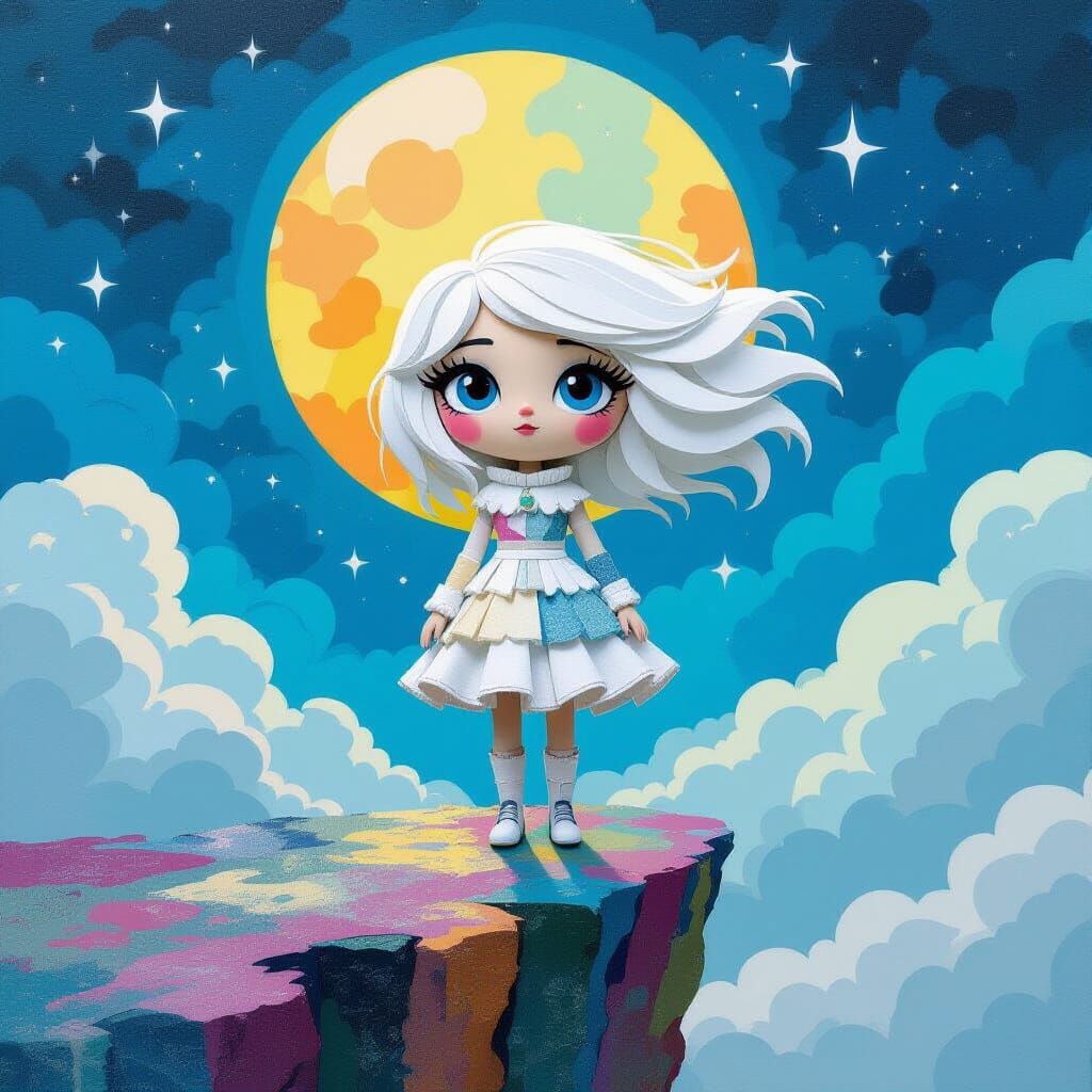Felt Woman Under Moonlit Sky in Graffiti Art Style