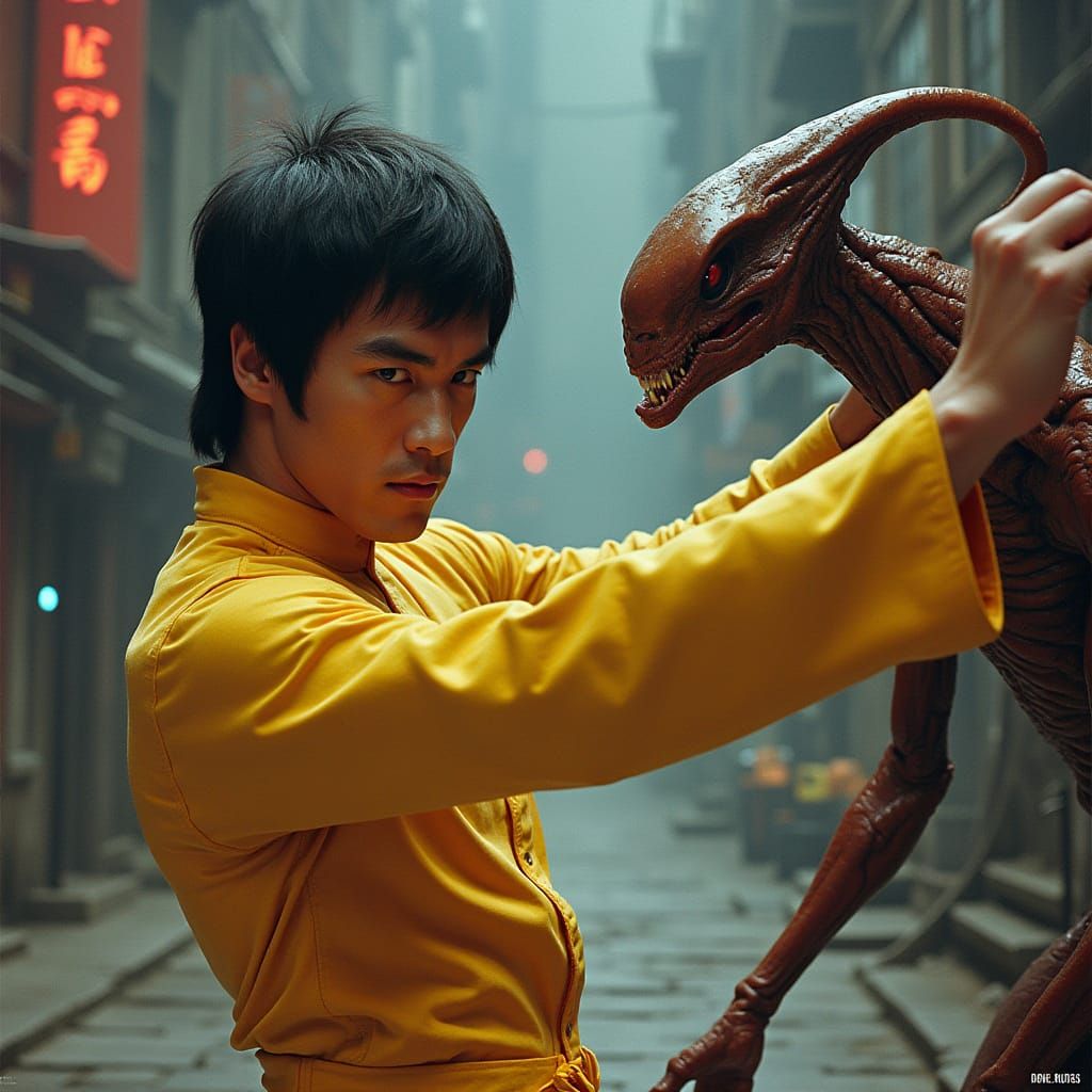 Bruce Lee Battles Alien in Cyberpunk Cityscape