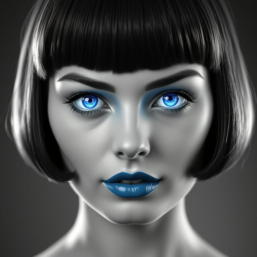 Electric Blue Pin-Up Goddess with Mechanical Eyes