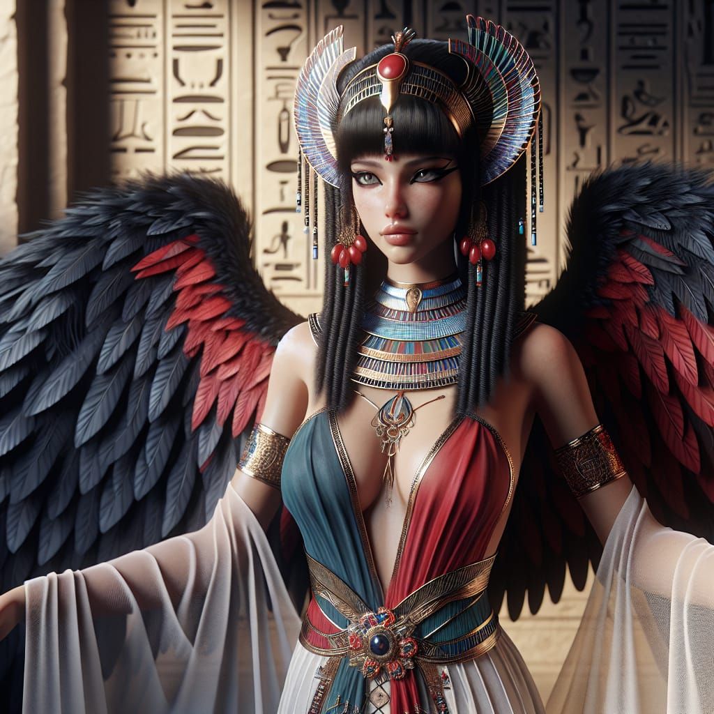 Egyptian Goddess with Dark Feathery Wings and Regal Attire