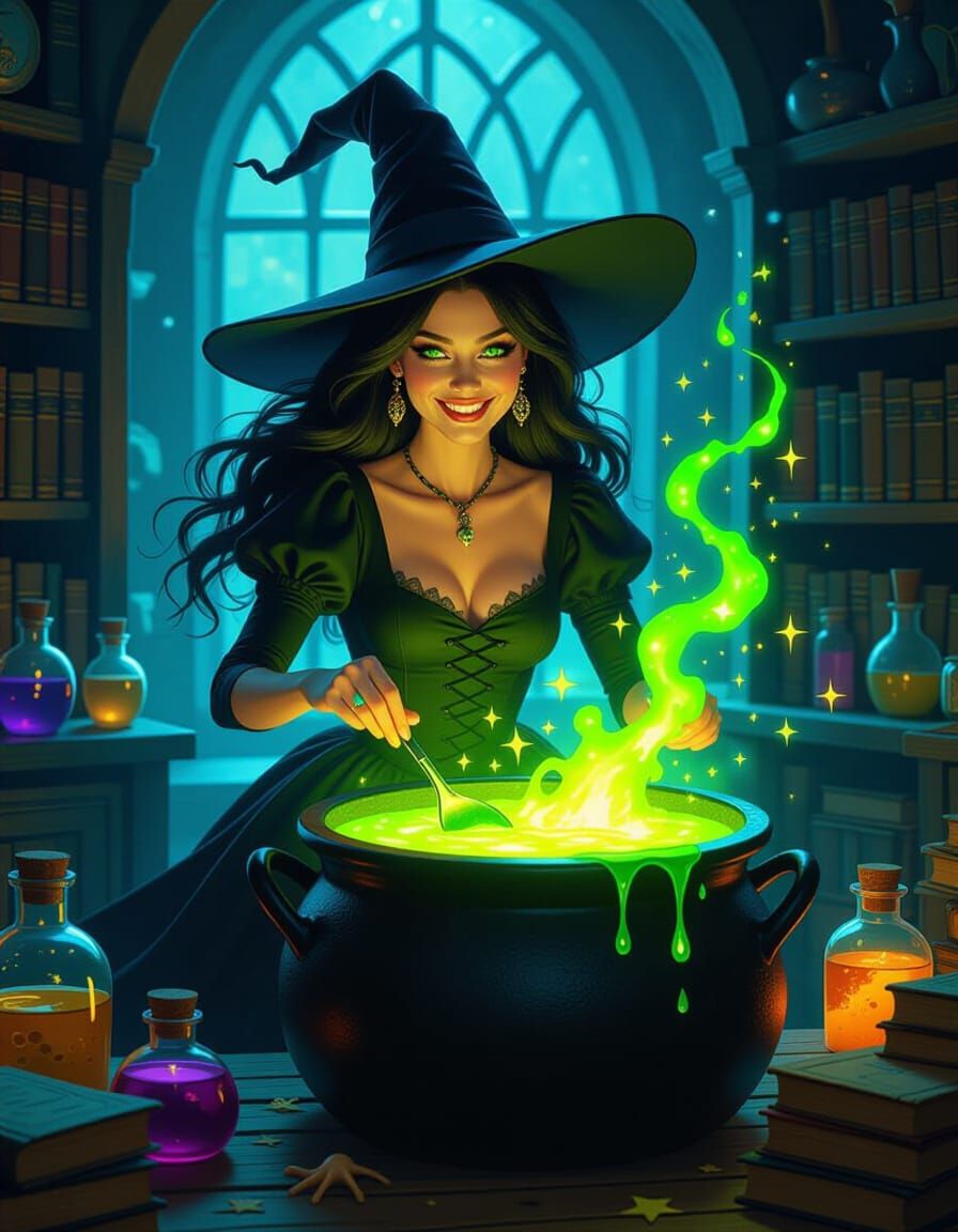 Whimsical Witch Stirs Bubbling Cauldron in Magical Kitchen
