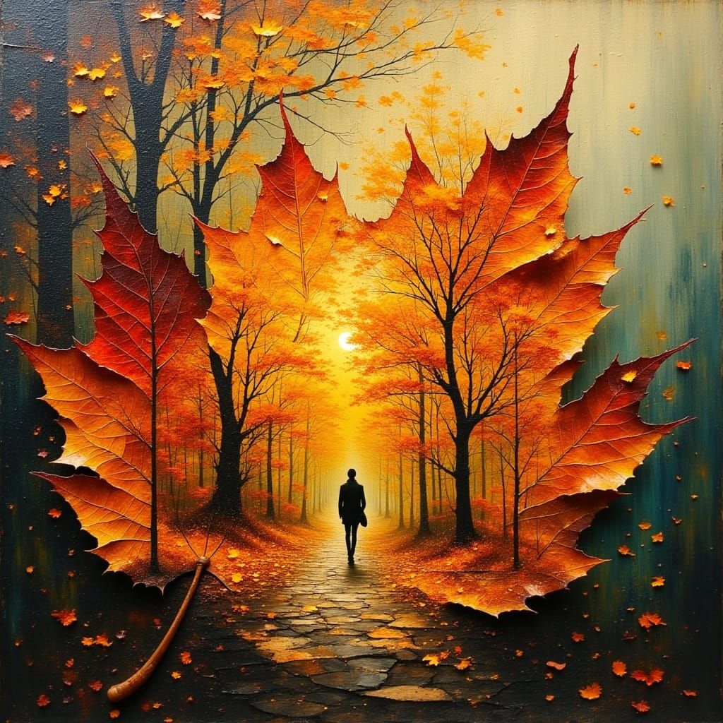 Surreal Autumn Leaf Path Oil Painting