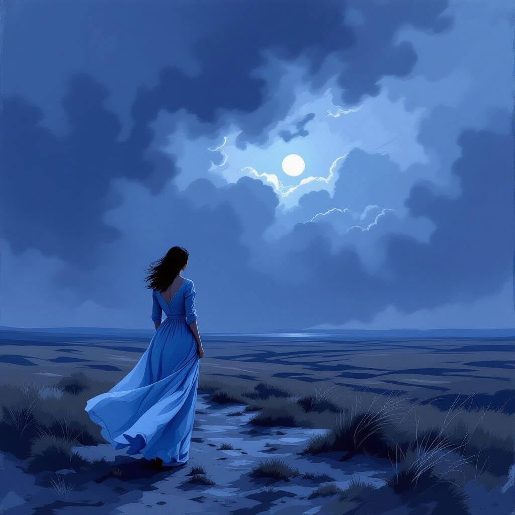 Woman on Windswept Moor Gazing at Stormy Sky in Vintage Dres...