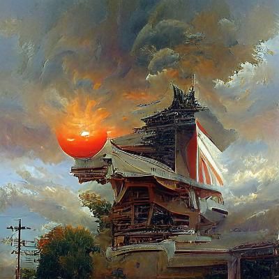 Japanese Temple at Sunrise: Oil Painting