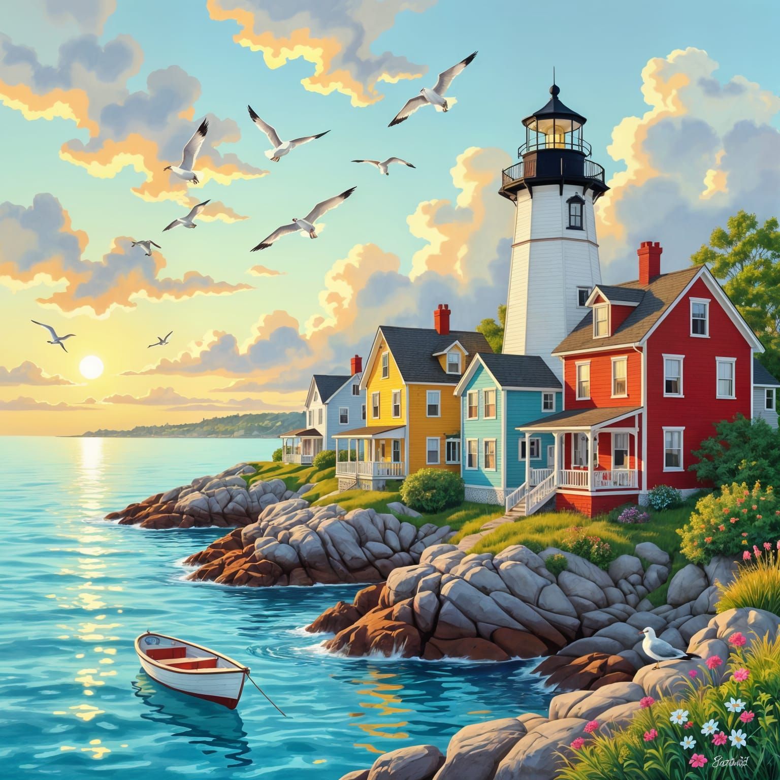 Charming Coastal Town in Colored Pencil Illustration