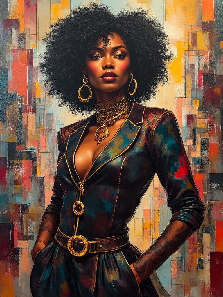 Afrofuturist Woman in Cubist Cityscape