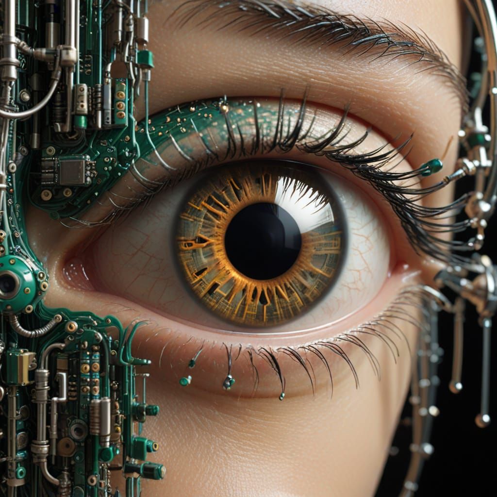 Cyborg Eye Surrounded by Matrix Code