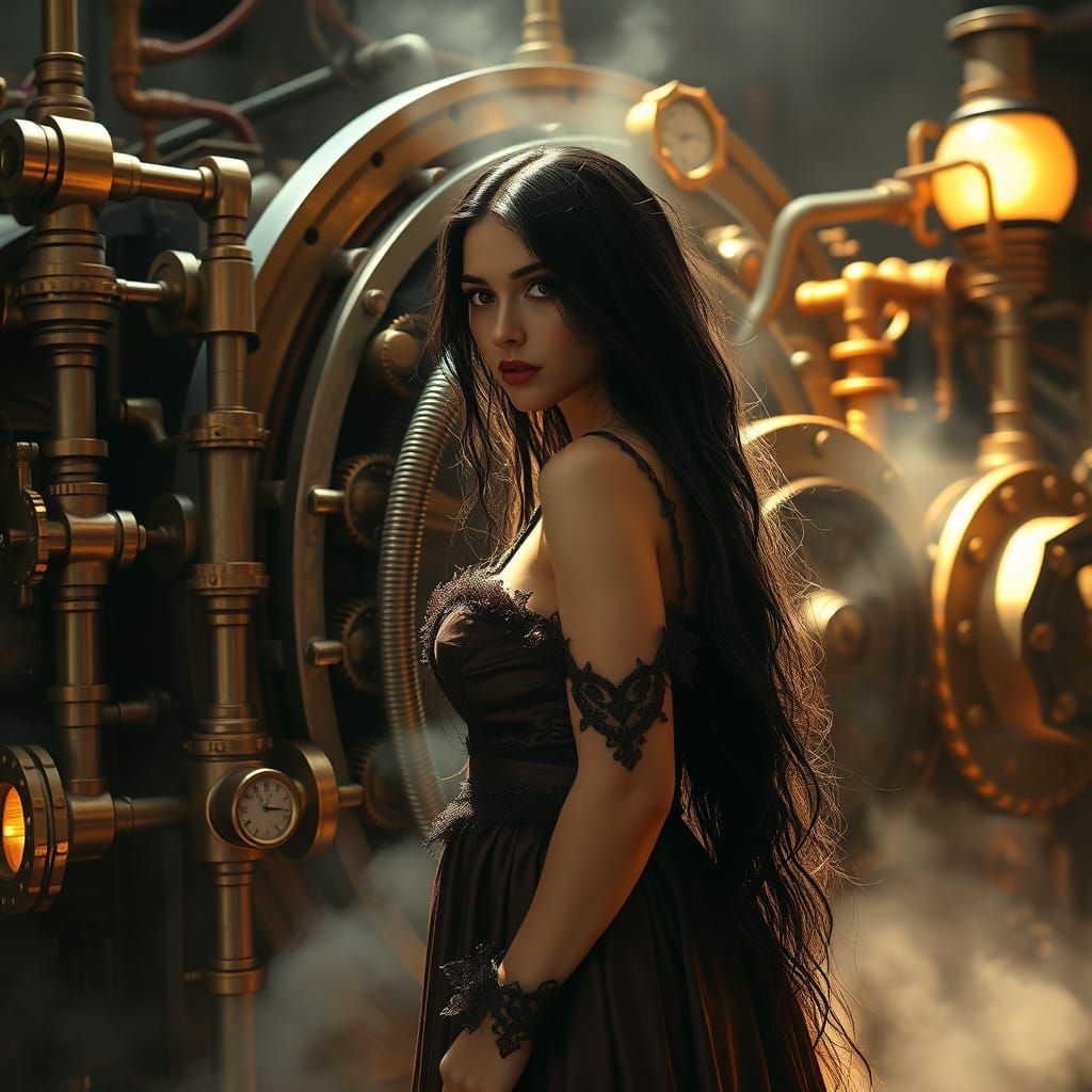 Steampunk Beauty Beside Intricate Engine in Romantic Style