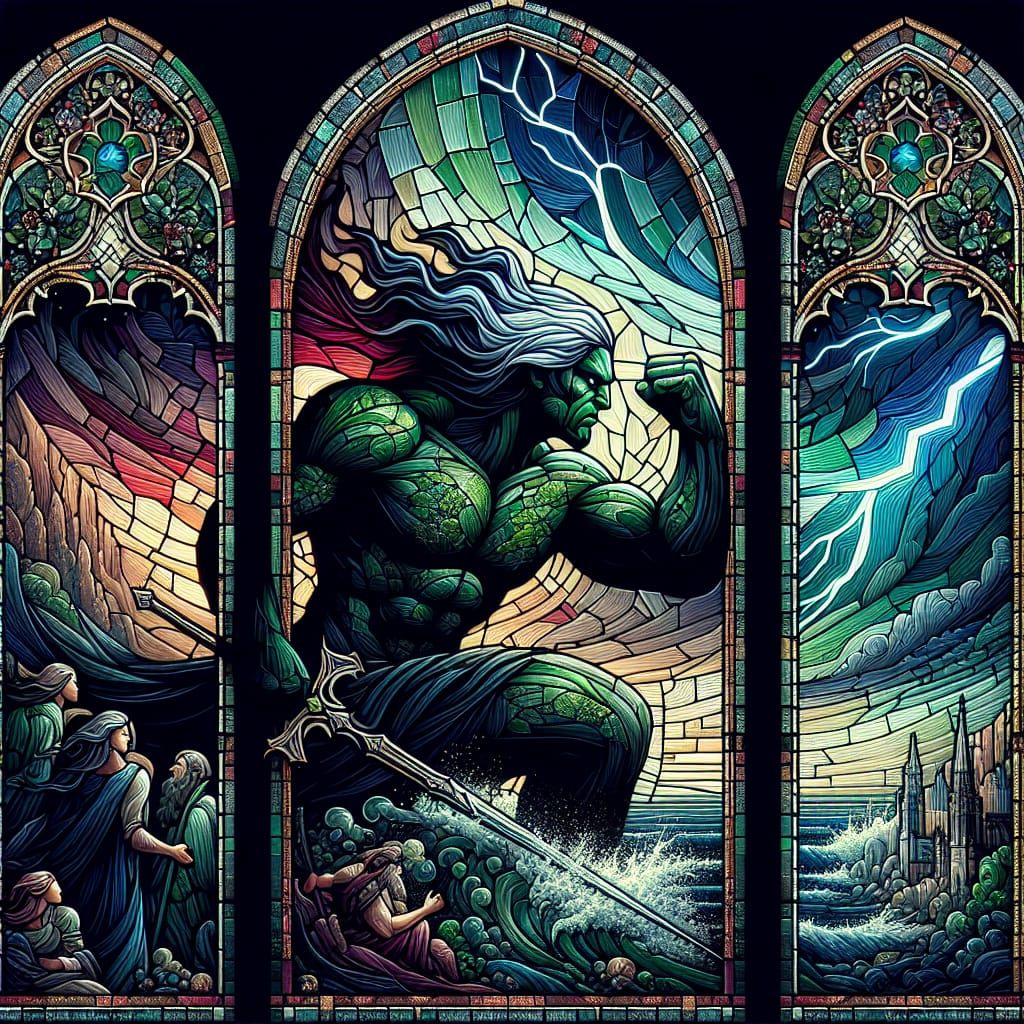 Gothic Stained Glass Window with Hulking Figure