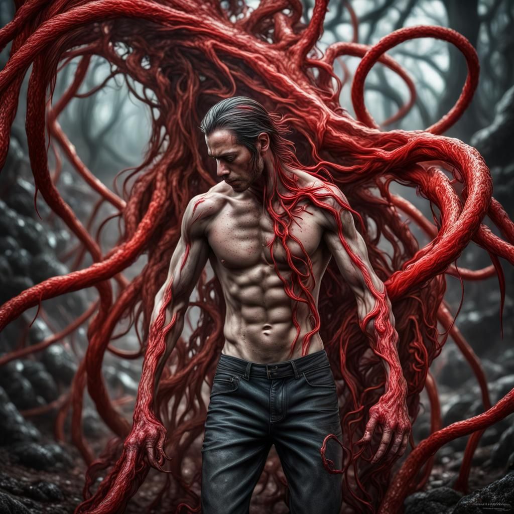 Emergence: Male Figure Bound by Red Tendrils