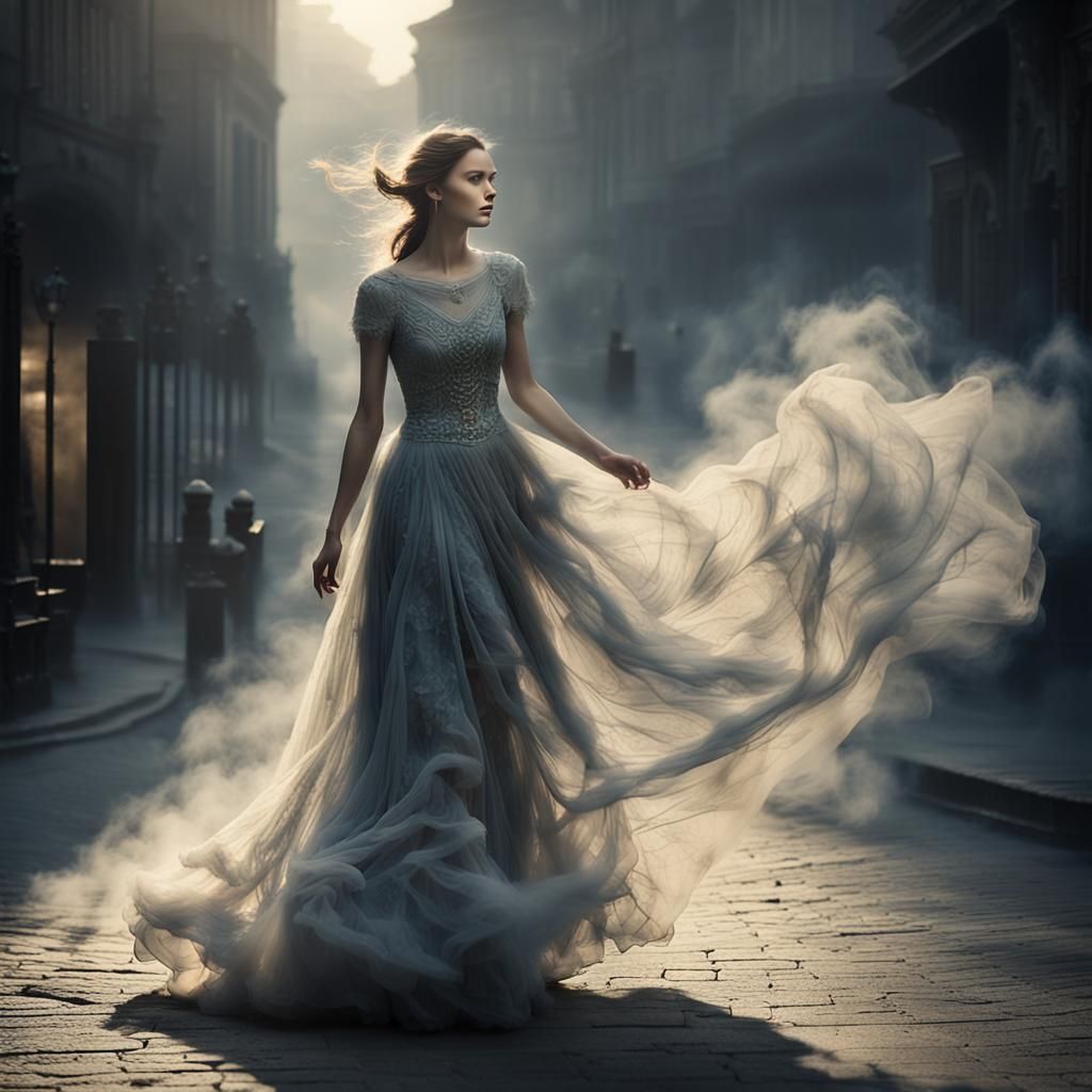 Ethereal Smoke Woman Walking in Foggy Street