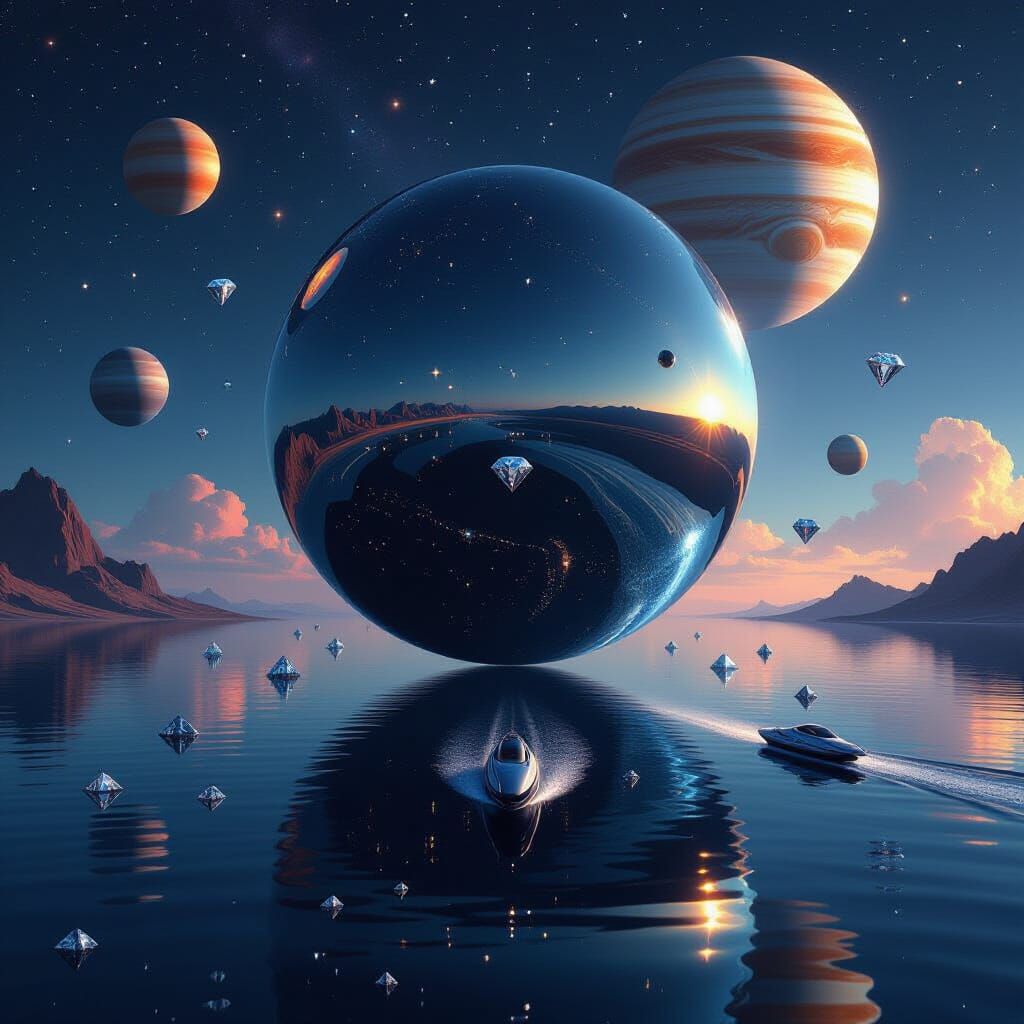 Surreal Cosmic Landscape with Reflective Planet and Water Sk...