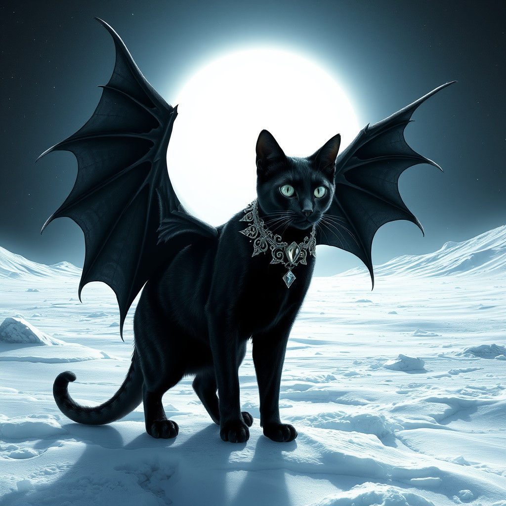 Winged Black Cat on Frozen Planet in Gothic Sci-Fi