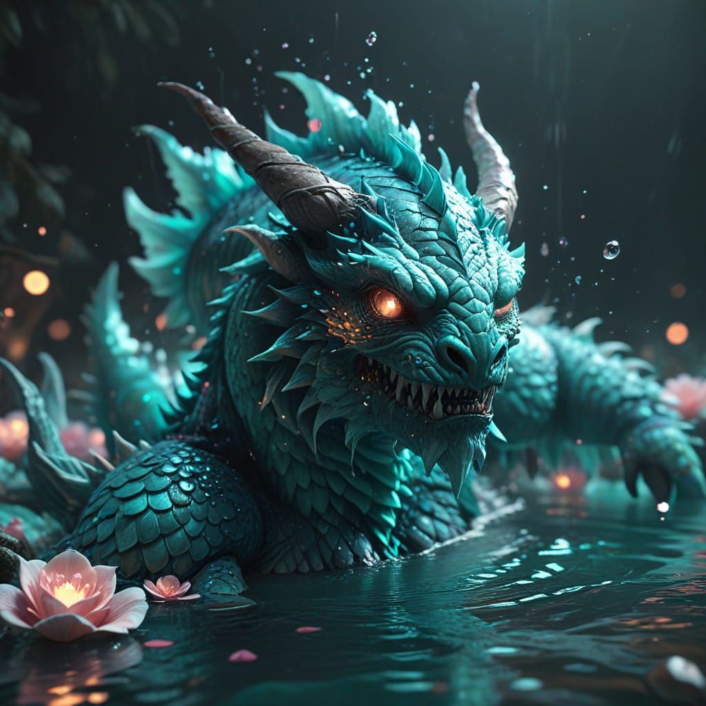 Monster in Water with Rose Petals: Anime Style 3D Render