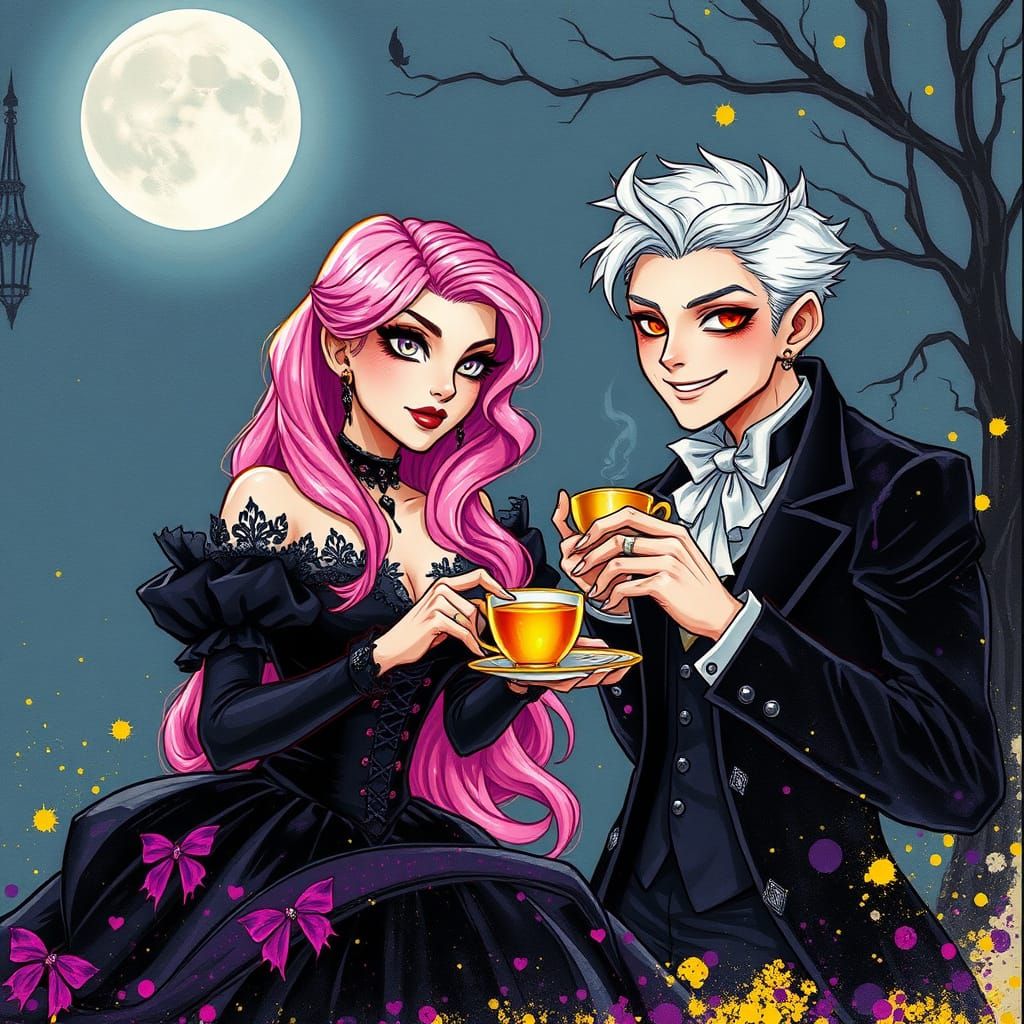 Gothic Tea Party Under Moonlight: Alcohol Ink Art