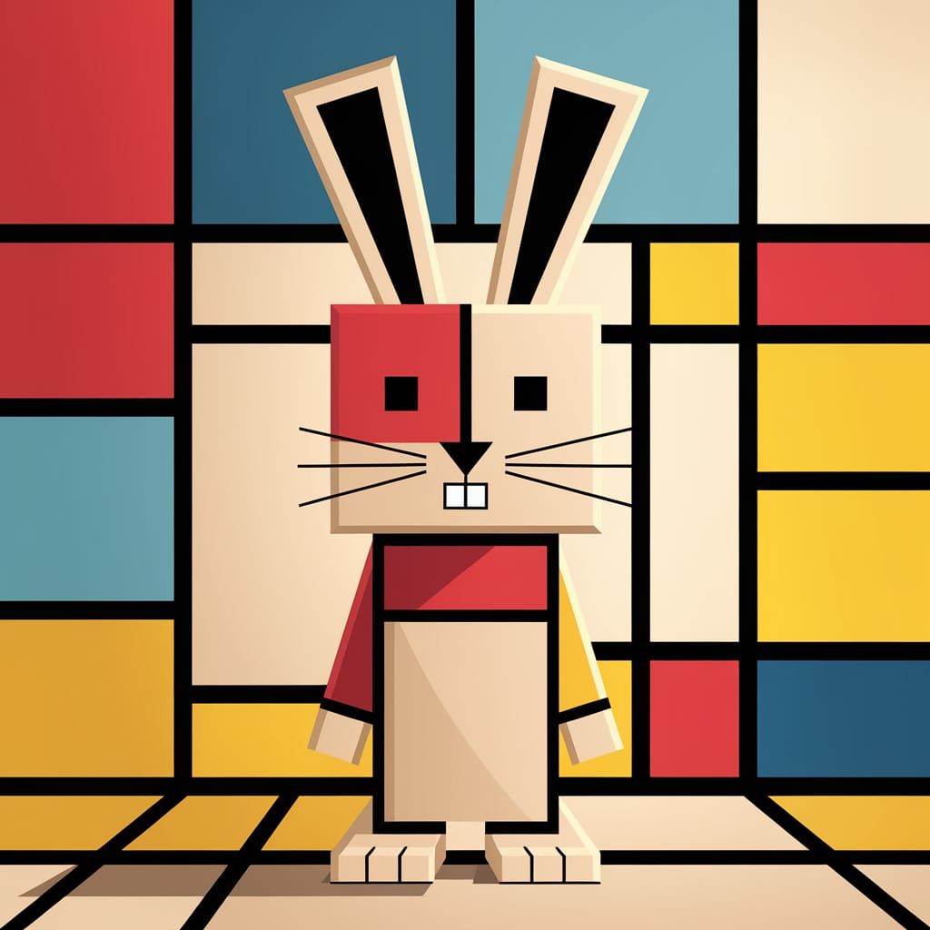 Vibrant Easter Bunny in Mondrian-Inspired Minimalist Style